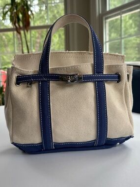 New Sunwin Canvas Boatkin Belted Tote Bag Cream Blue Trim Raw Edge Satchel Viral